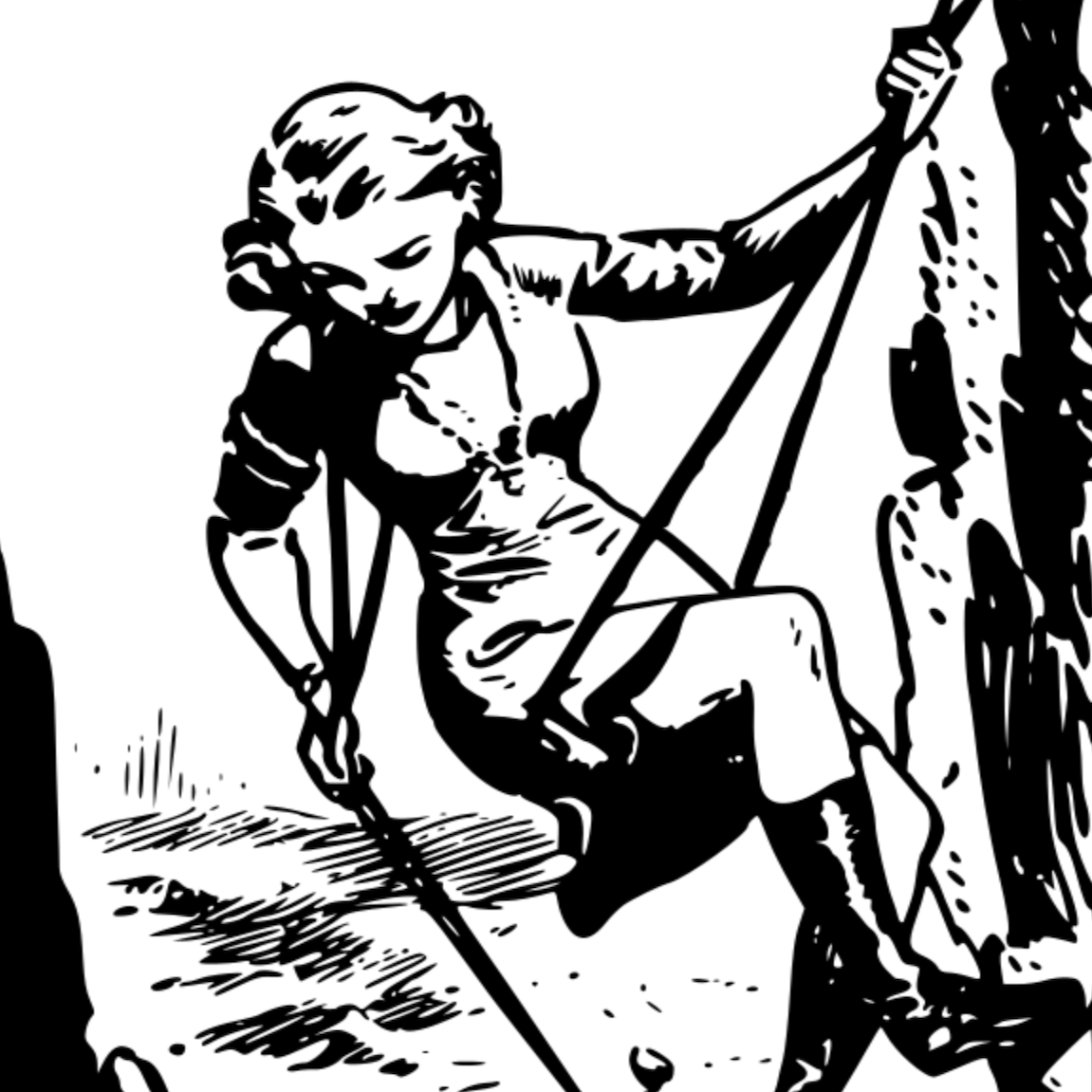 Illustration of a vintage-looking femme person climbing a cliff.